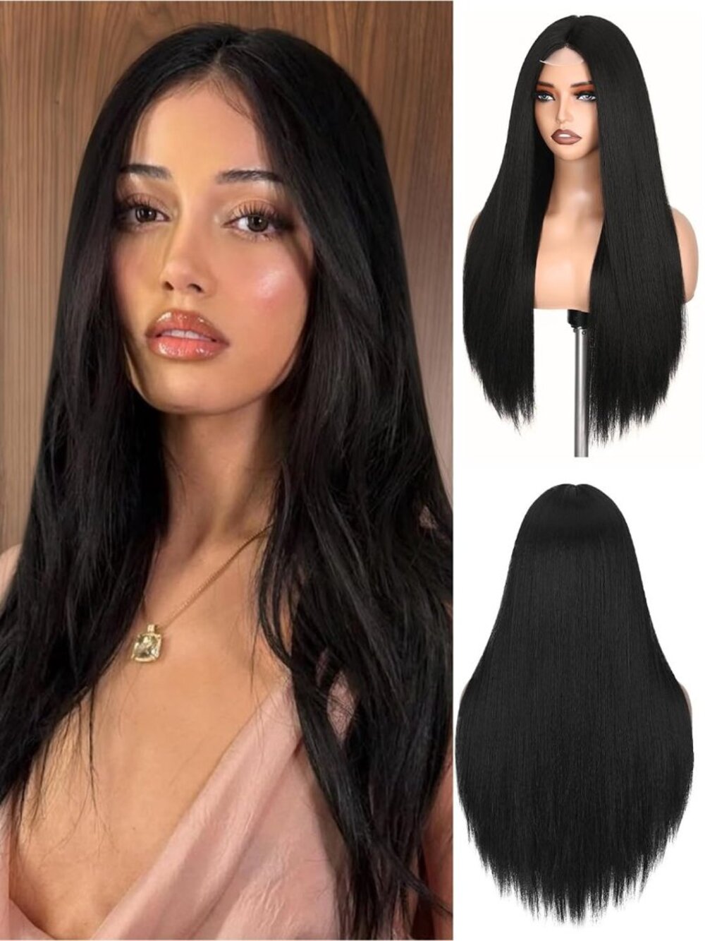 Women's Black 26 Inch Heat Resistant Straight Middle Part Synthetic Wigs
